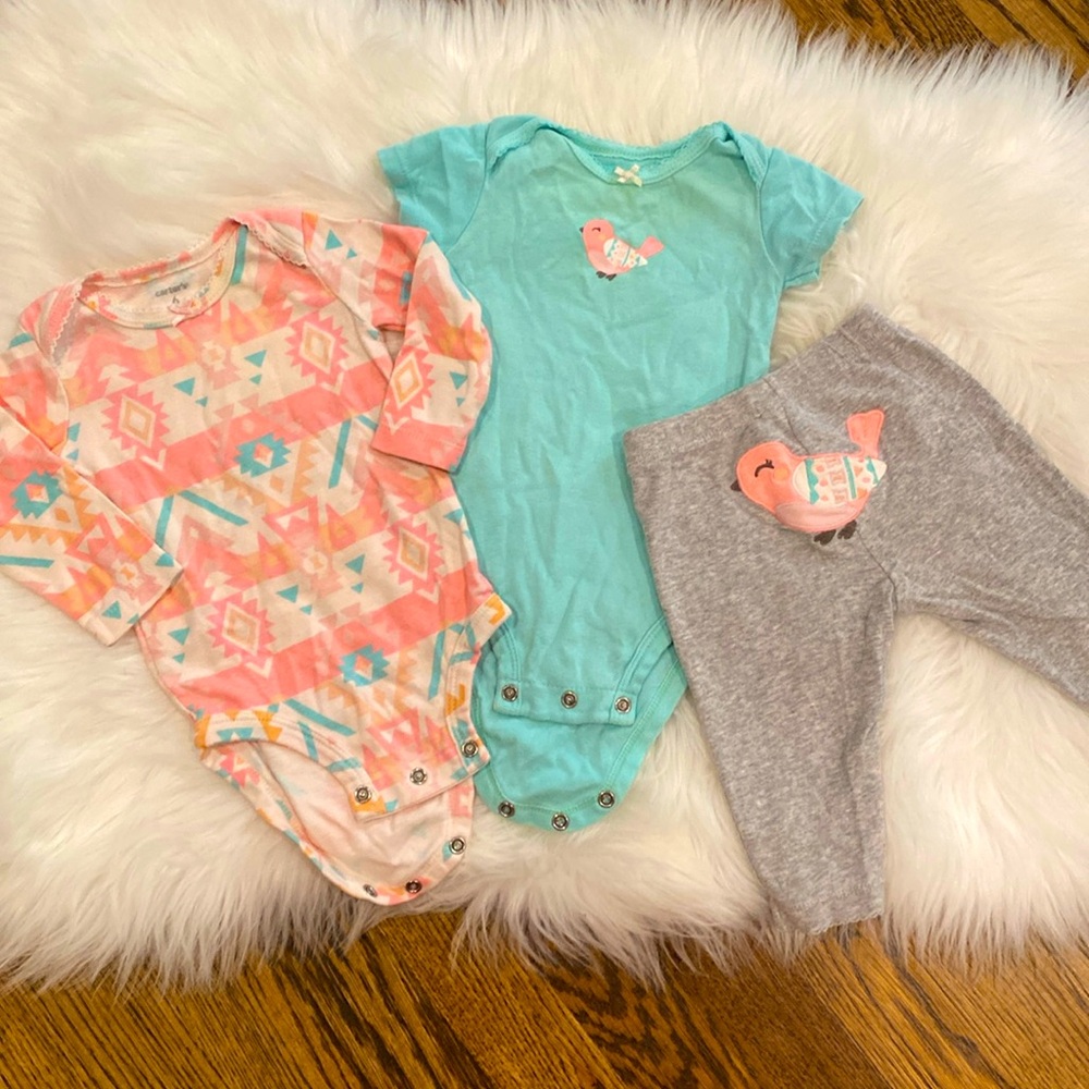 6m Girl’s onesies, long sleeve onesies and bird pants